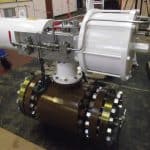 Metal seated trunnion ball valve with actuator on test